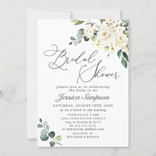 Elegant Eucalyptus White Roses Bridal Shower Invitation