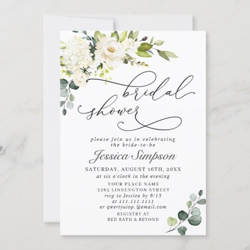 Elegant Eucalyptus White Roses Bridal Shower Invitation