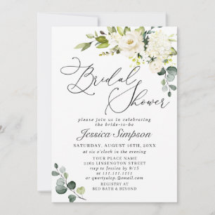 Elegant Eucalyptus White Roses Bridal Shower Invitation