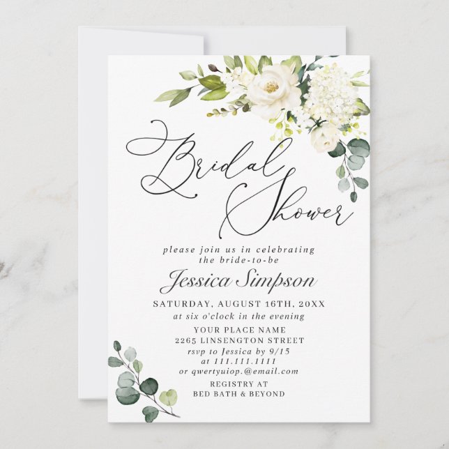 Elegant Eucalyptus White Roses Bridal Shower Invitation (Front)