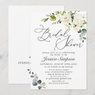 Elegant Eucalyptus White Roses Bridal Shower Invitation