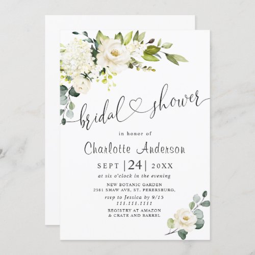 Elegant Eucalyptus White Roses Bridal Shower Invitation