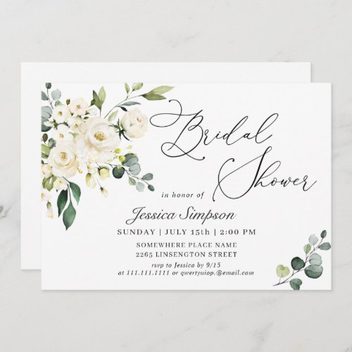 Elegant Eucalyptus White Roses Bridal Shower Invitation