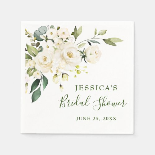 Elegant Eucalyptus White Roses Bridal Shower Napkins