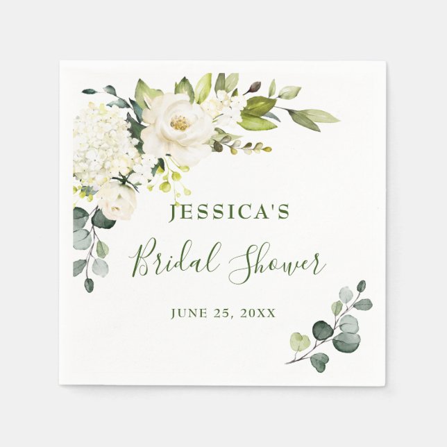 Elegant Eucalyptus White Roses Bridal Shower Napkins (Front)