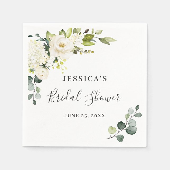 Elegant Eucalyptus White Roses Bridal Shower Napkins (Front)