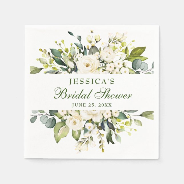 Elegant Eucalyptus White Roses Bridal Shower Napkins (Front)