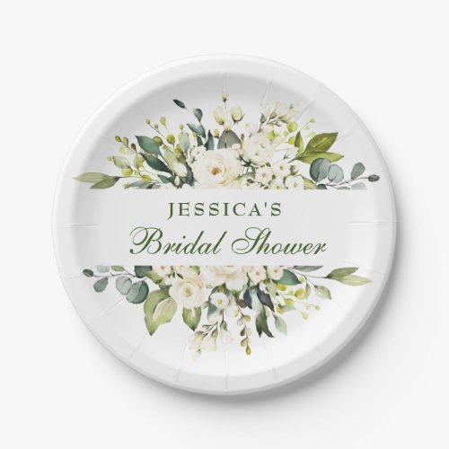 Elegant Eucalyptus White Roses Bridal Shower Paper Plates