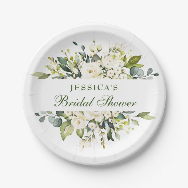 Elegant Eucalyptus White Roses Bridal Shower Paper Plates (Front)