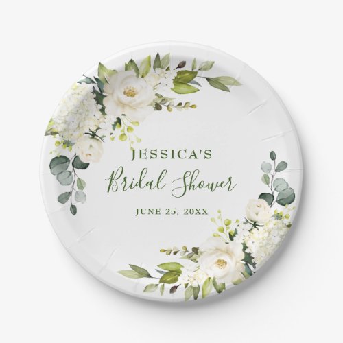 Elegant Eucalyptus White Roses Bridal Shower Paper Plates