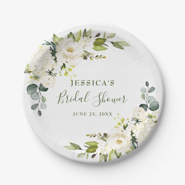 Elegant Eucalyptus White Roses Bridal Shower Paper Plates (Front)