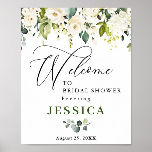 Elegant Eucalyptus White Roses Bridal Shower Poster