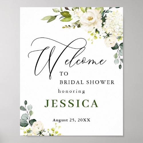 Elegant Eucalyptus White Roses Bridal Shower Poster