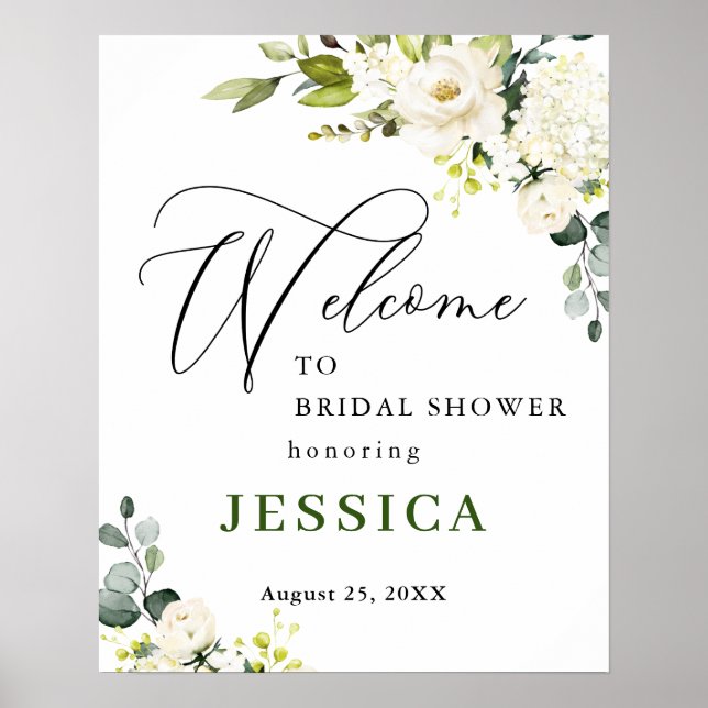 Elegant Eucalyptus White Roses Bridal Shower Poster (Front)