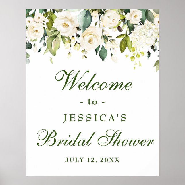 Elegant Eucalyptus White Roses Bridal Shower Poster (Front)