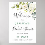 Elegant Eucalyptus White Roses Bridal Shower Poster<br><div class="desc">Welcome guests to your wedding with  White Roses Floral Greenery Bridal Shower Welcome Poster,  featuring lush watercolor botanical greenery and white flowers,  with "welcome to our happily ever after, " your names,  and wedding date in a chic mix of modern block and hand lettered calligraphy typefaces.</div>