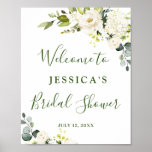 Elegant Eucalyptus White Roses Bridal Shower Poster<br><div class="desc">Welcome guests to your wedding with  White Roses Floral Greenery Bridal Shower Welcome Poster,  featuring lush watercolor botanical greenery and white flowers,  with "welcome to our happily ever after, " your names,  and wedding date in a chic mix of modern block and hand lettered calligraphy typefaces.</div>