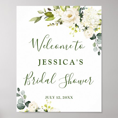 Elegant Eucalyptus White Roses Bridal Shower Poster