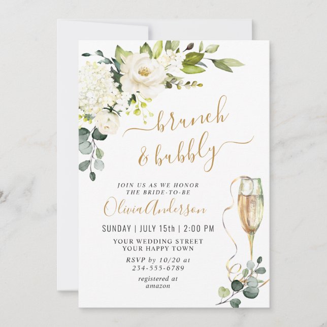 Elegant Eucalyptus White Roses Brunch & Bubbly Invitation (Front)