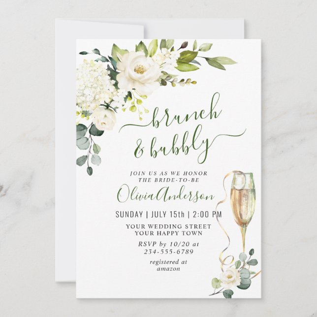 Elegant Eucalyptus White Roses Brunch & Bubbly Invitation (Front)