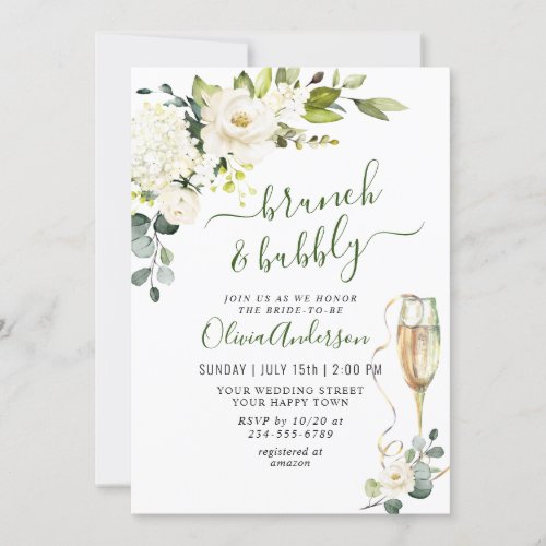 Elegant Eucalyptus White Roses Brunch  Bubbly Invitation