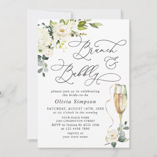 Elegant Eucalyptus White Roses Brunch  Bubbly Invitation