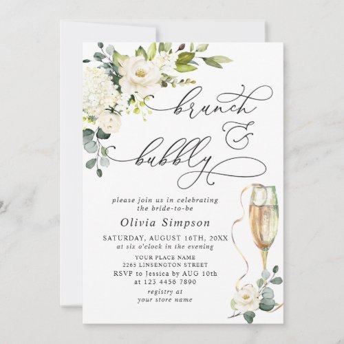 Elegant Eucalyptus White Roses Brunch  Bubbly Invitation