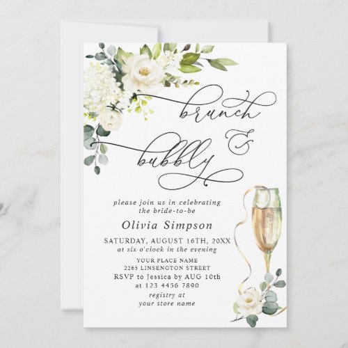 Elegant Eucalyptus White Roses Brunch  Bubbly Invitation