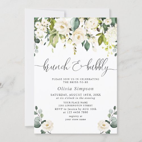 Elegant Eucalyptus White Roses Brunch  Bubbly Invitation