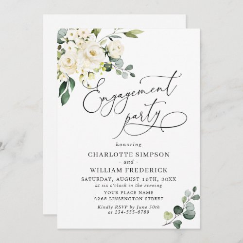 Elegant Eucalyptus White Roses ENGAGEMENT PARTY Invitation