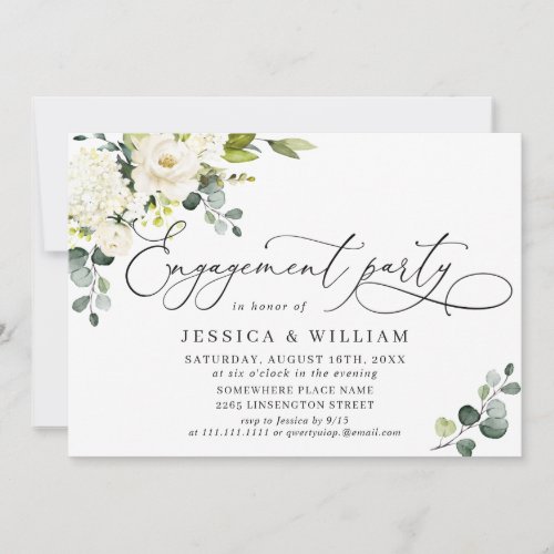 Elegant Eucalyptus White Roses ENGAGEMENT PARTY Invitation