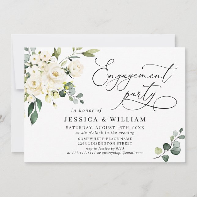 Elegant Eucalyptus White Roses ENGAGEMENT PARTY Invitation (Front)
