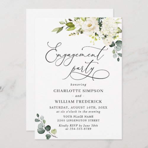 Elegant Eucalyptus White Roses ENGAGEMENT PARTY Invitation