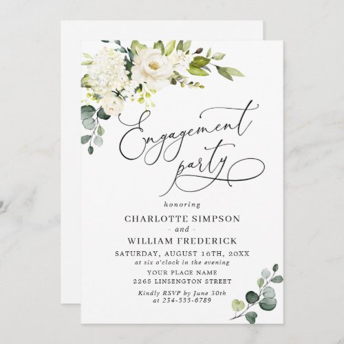 Elegant Eucalyptus White Roses ENGAGEMENT PARTY Invitation