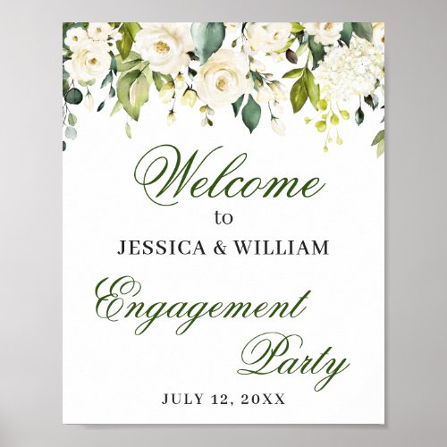 Elegant Eucalyptus White Roses Engagement Party Poster