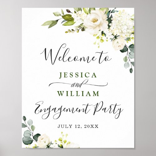 Elegant Eucalyptus White Roses Engagement Party Poster