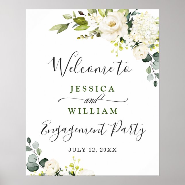Elegant Eucalyptus White Roses Engagement Party Poster (Front)