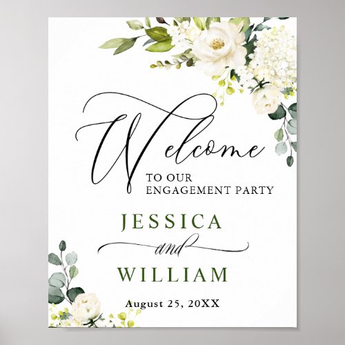 Elegant Eucalyptus White Roses Engagement Party Poster