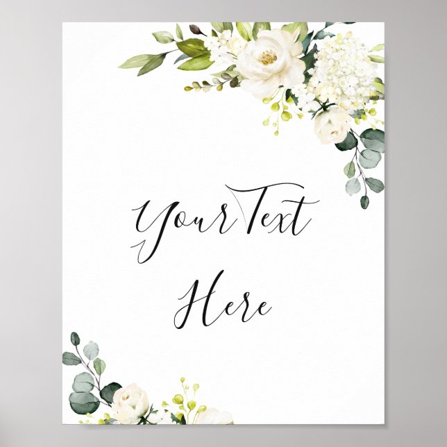 Elegant Eucalyptus White Roses Floral Sign Poster (Front)