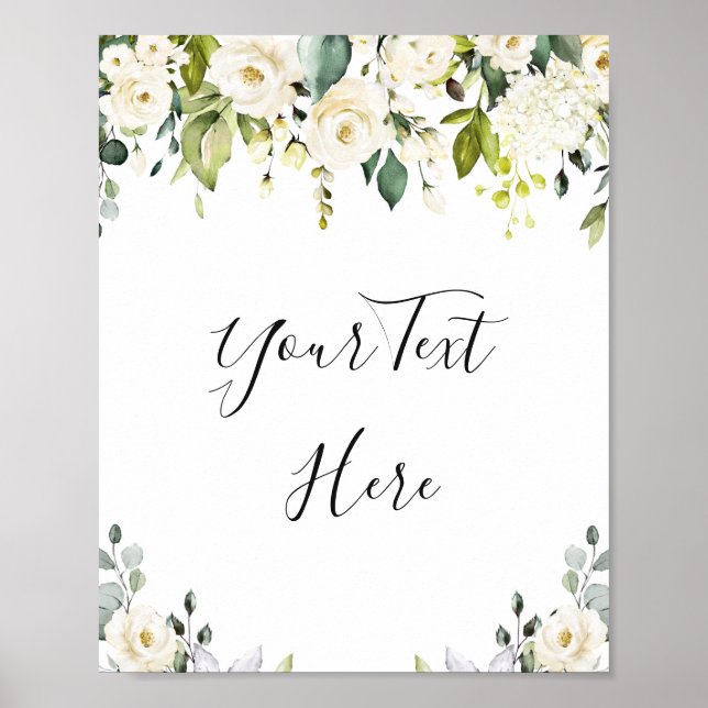 Elegant Eucalyptus White Roses Floral Sign Poster (Front)