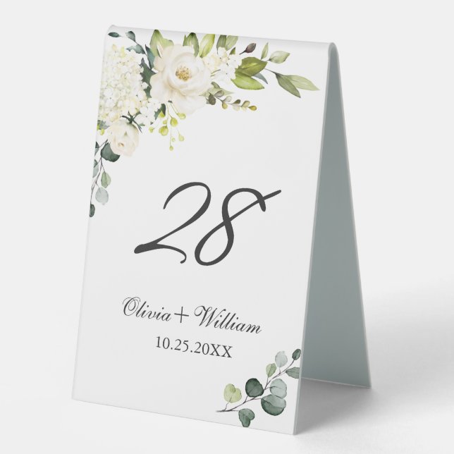 Elegant Eucalyptus White Roses Floral Table Tent S (Front)