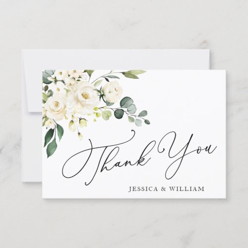 Elegant Eucalyptus White Roses Floral Thank You Card