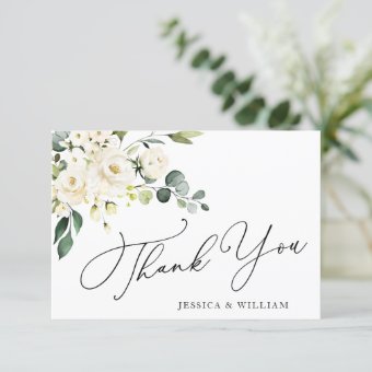 Elegant Eucalyptus White Roses Floral Thank You Card | Zazzle