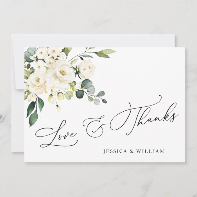 Elegant Eucalyptus White Roses Floral Thank You Card (Front)