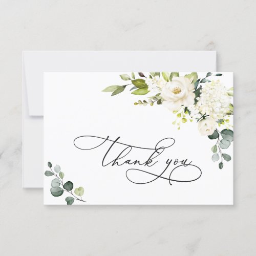 Elegant Eucalyptus White Roses Floral Thank You Card