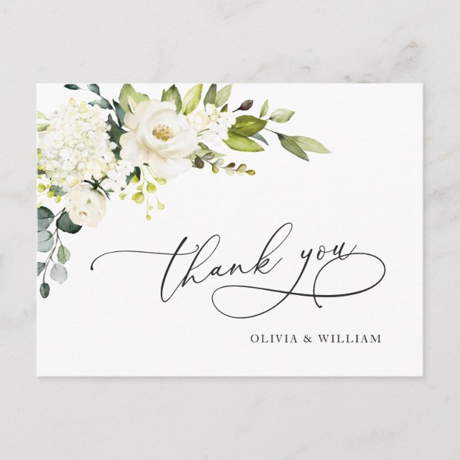 Elegant Eucalyptus White Roses Floral Thank You Postcard (Front)