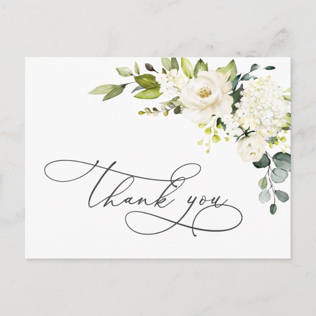 Elegant Eucalyptus White Roses Floral Thank You Postcard (Front)
