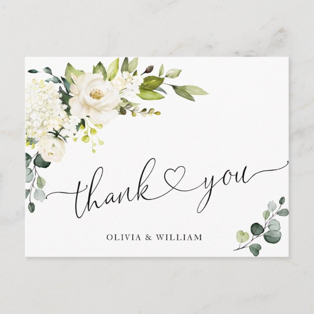 Elegant Eucalyptus White Roses Floral Thank You Postcard (Front)