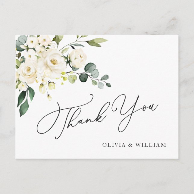 Elegant Eucalyptus White Roses Floral Thank You Postcard (Front)