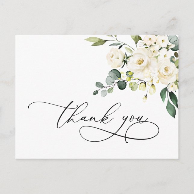 Elegant Eucalyptus White Roses Floral Thank You Postcard (Front)